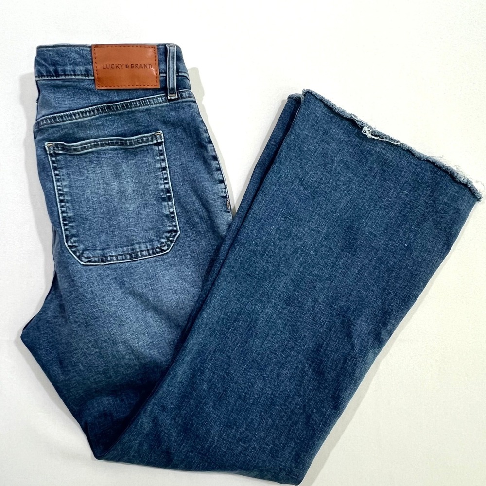 Lucky Brand Stevie High Rise Flare Raw Hem Jeans Patch Pocket Blue Women's 12/31